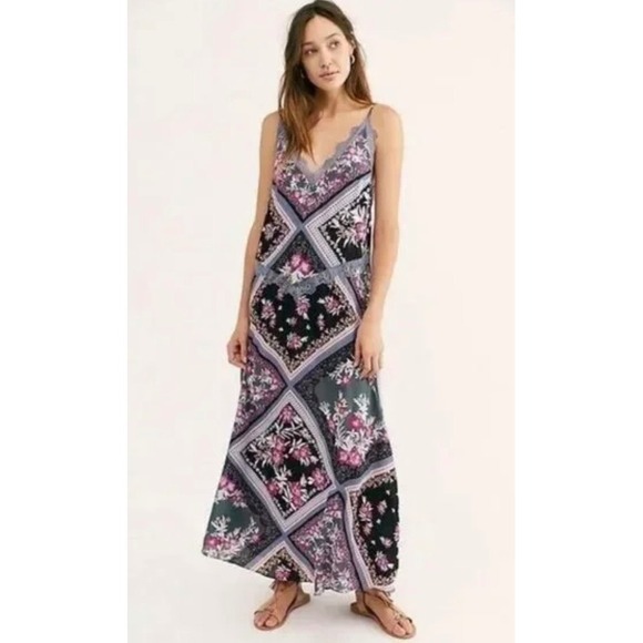 Free People Dresses & Skirts - Intimately Free People Stevie Printed Lace Trim Maxi Dress Size XS Festival 90s